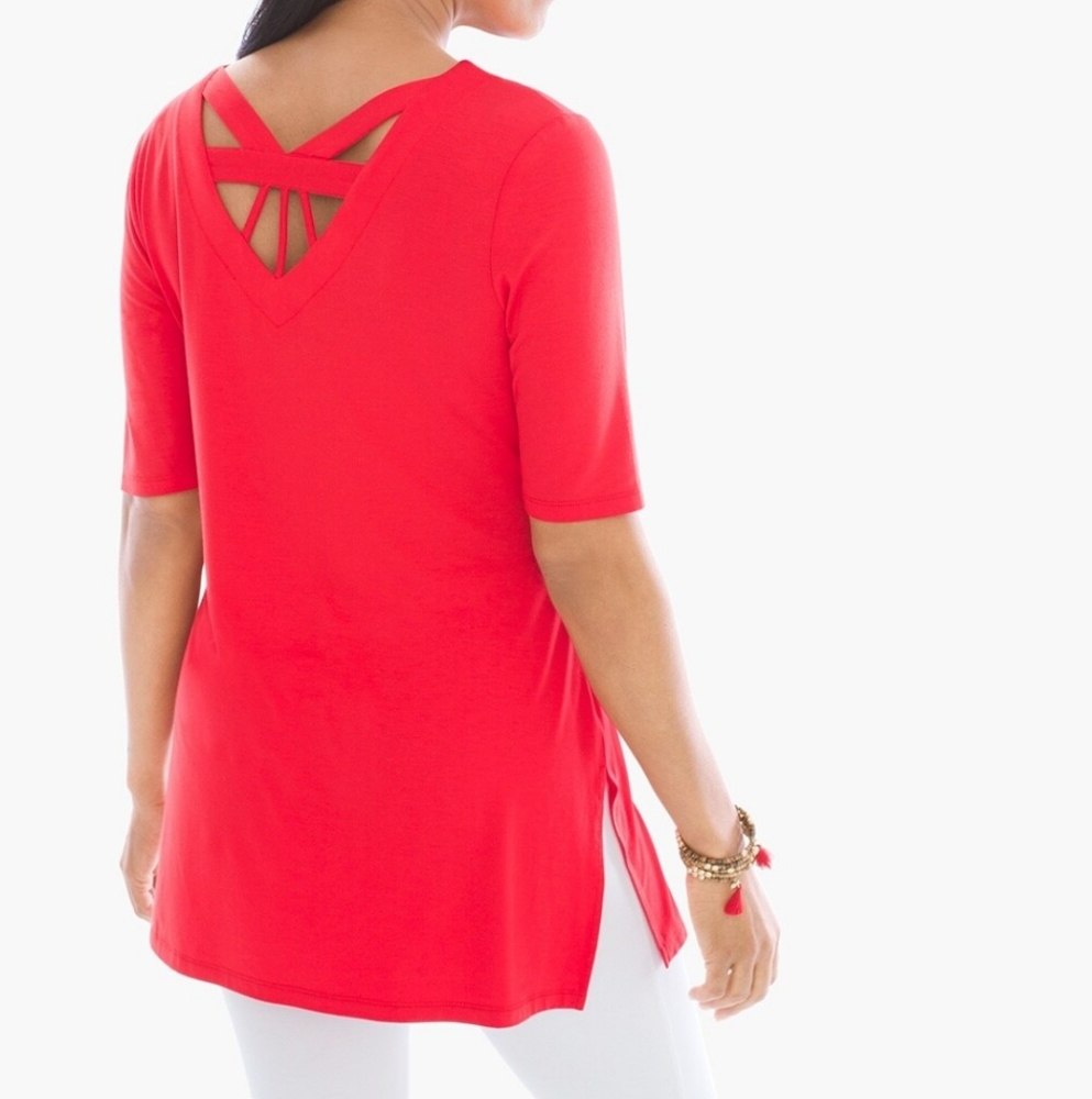 - Zenergy by Chicos navy soft stretchy tunic top with back crisscross detail - Picture 3 of 9